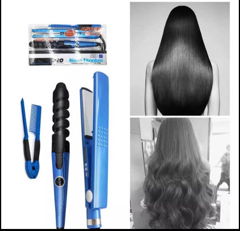 Pack Coiffure 3-en-1 Nano Titanium - Lisseur & Boucleur Professionnel (Bleu)