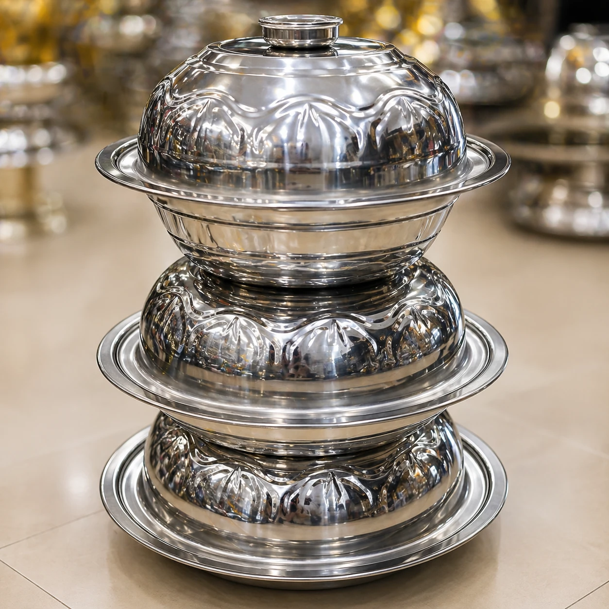 Ensemble de plats en acier inoxydable.
