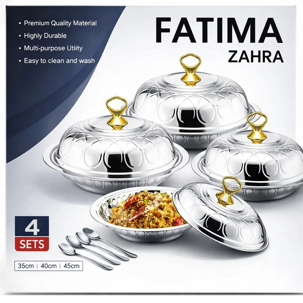 Set de plats de service en inox FATIMA ZAHRA – 4 pièces avec couvercles dorés.