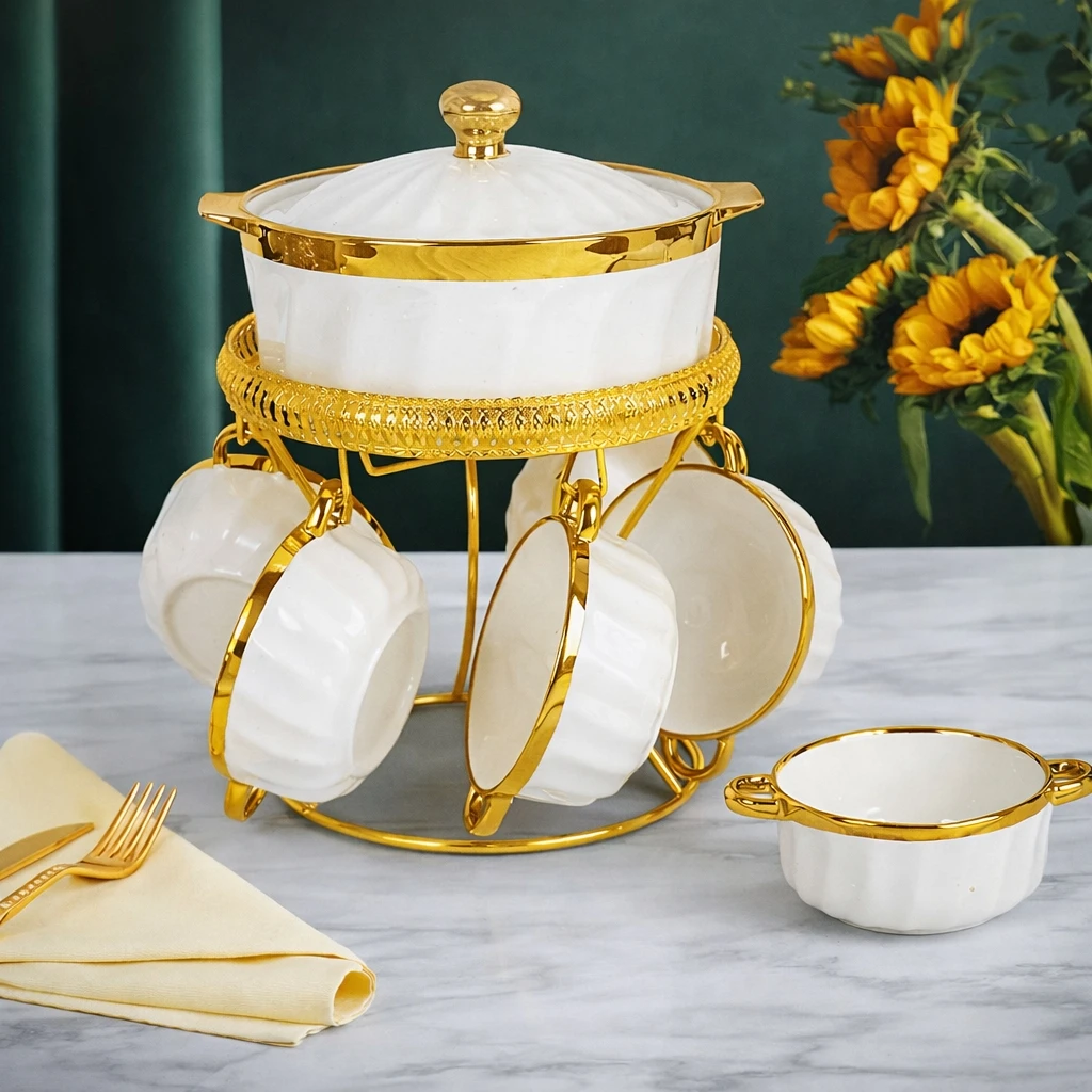 Ensemble de vaisselle en céramique blanche et dorée – Collection Élégance Royale