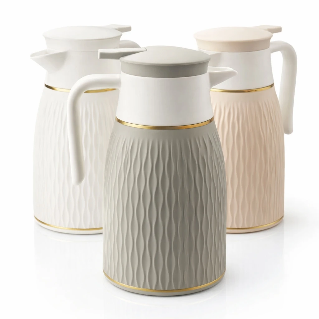 Carafes isothermes à design ondulé et finitions dorées.